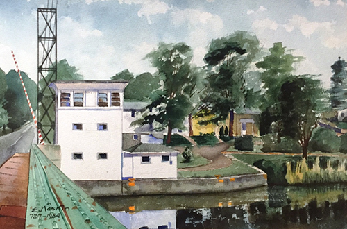 Photo of watercolor painting of lift bridge, by Eugenijs Kaskin